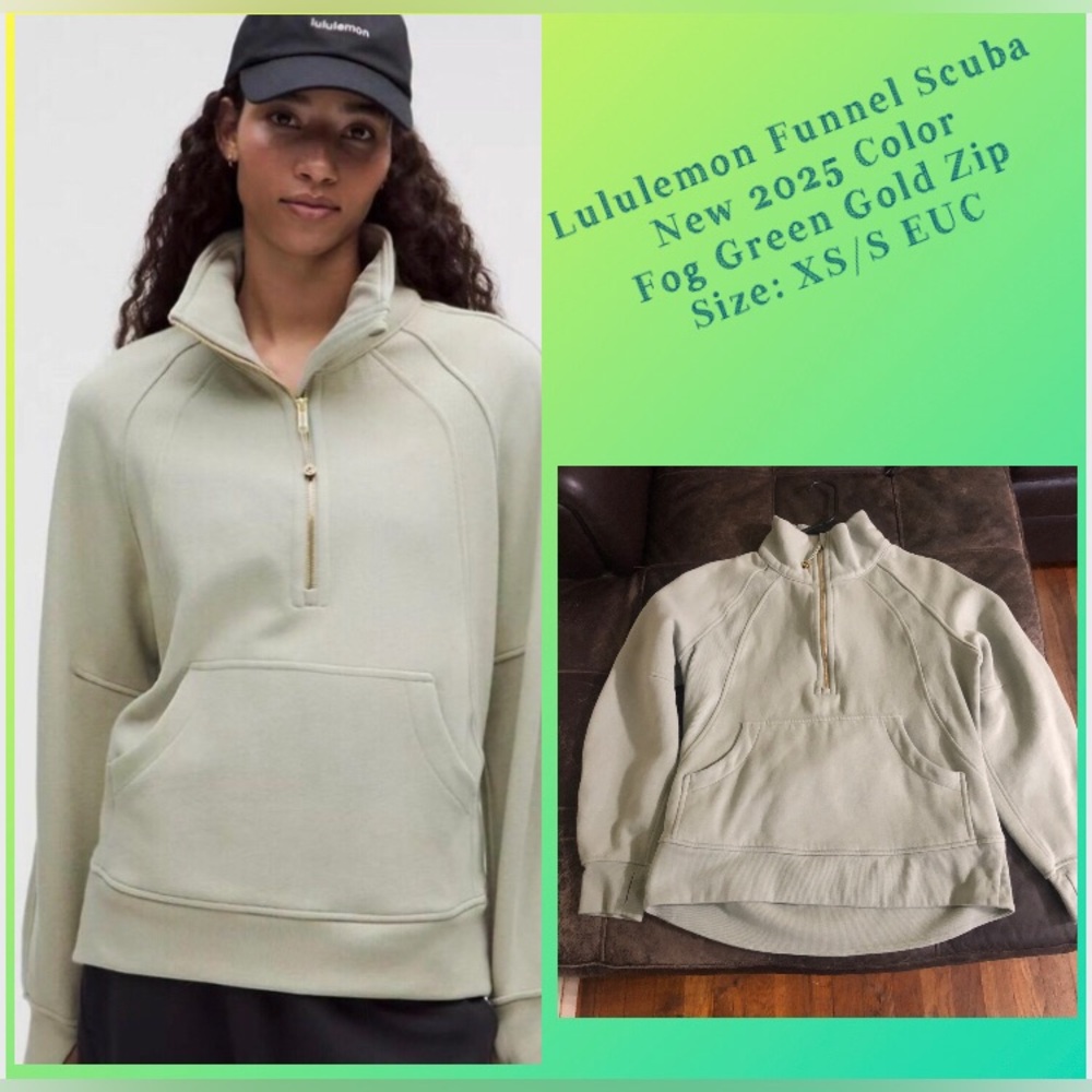 Lululemon Fog Green Half-Zip Funnel Long Scuba Pullover Gold Zip XS/S